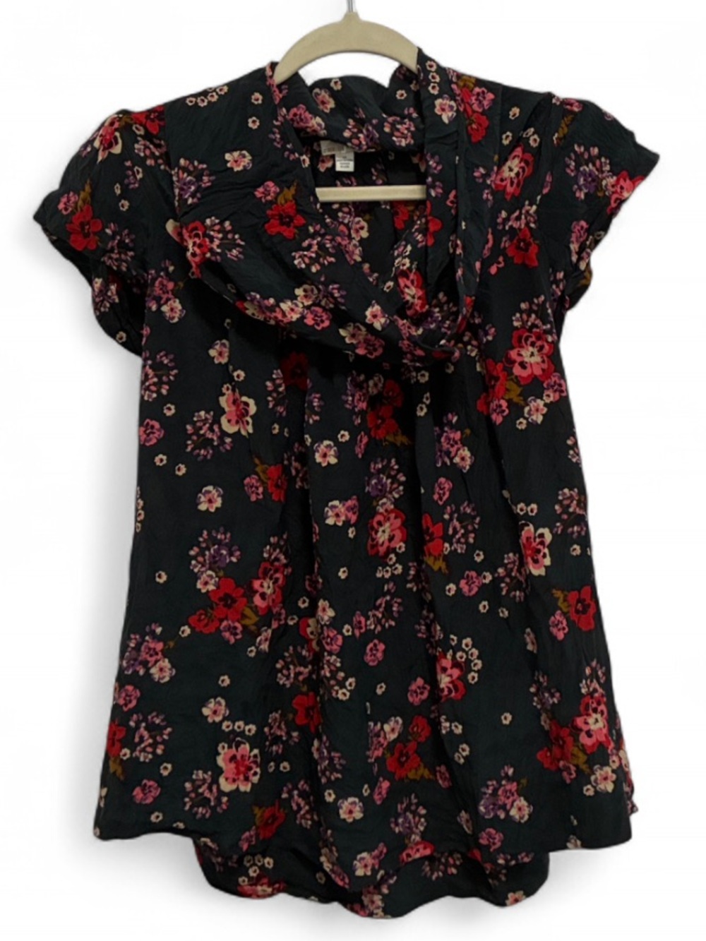 Odille Dark Gray Floral Cowl-Neck Silk Blouse with Red & Pink Flowers